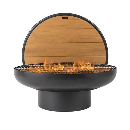 DENKOE Round Fire Pit Table with Fire Pit Grill, Extra Thick, Heavy Duty Fire Bowl, Deep Outdoor Firepit, Wood Burning Firepits for Outside Pa