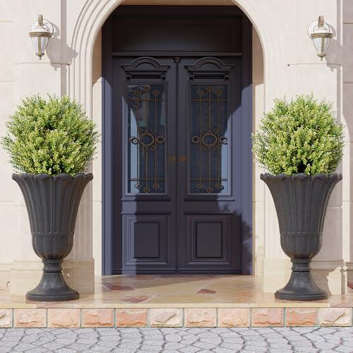 24 Tall Urn Planters Set of 2, Black Outdoor Planter for Porch | HDPE Resin Weather-Resistant Large Planters with Drainage Holes, Lightweight Vintage Petal Design for Patio, Porch, Garden