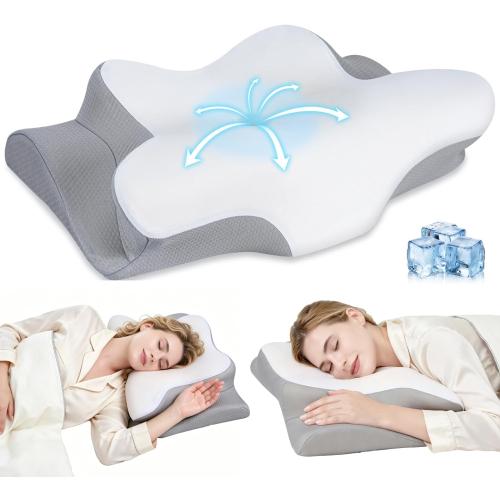 Cervical Neck Pillow, Memory Foam Pillows for Neck and Shoulder Pain Relief, 2 Heights Ergonomic Pillow with Breathable Ice Silk Cover, Neck Support Pillow for Side Sleepers White