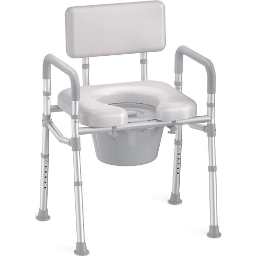 Bedside Commode with Padded Seat and Backrest, Aluminum Commode Toilet with Bucket, Easy Cleaning Portable Toilet for Adults and Seniors, 350 lb Capacity Enhanced Crossbar