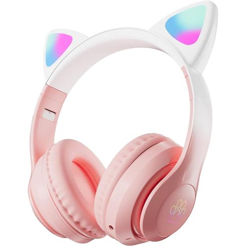 Kids Headphones for School, Kid Bluetooth Wireless Cat Ear Headphones with Microphone, Over Ear Headphones for Kids Teens Adults (Pink Pro)