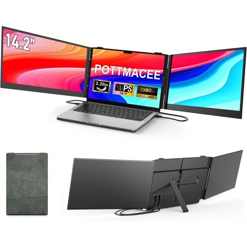 14.2’’ Triple Laptop Screen Extender, 0.17 Ultra-Slim FHD 1080P Portable Monitor for Laptop, Tri-Screen Travel Monitor Extender, Plug-Play for Windows/Mac/Chrome, Fit 13”-17.3” Laptops