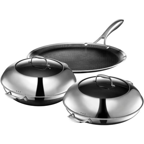 HexClad Hybrid Nonstick 5-Piece Cookware Set, 14 Pan with Lid, 14 Wok with Lid, and 12 Griddle, Stay-Cool Handles, Dishwasher and Oven-Safe, Induction Ready, Compatible with All Cooktops