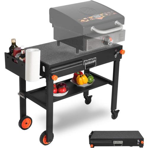 Portable Outdoor Grill Table, Folding Grill Cart with Wheels | Blackstone Griddle Stand for 17/22 Griddle, Large Space Blackstone Table Solid and Sturdy, Grill Stand for Ninja, Weber