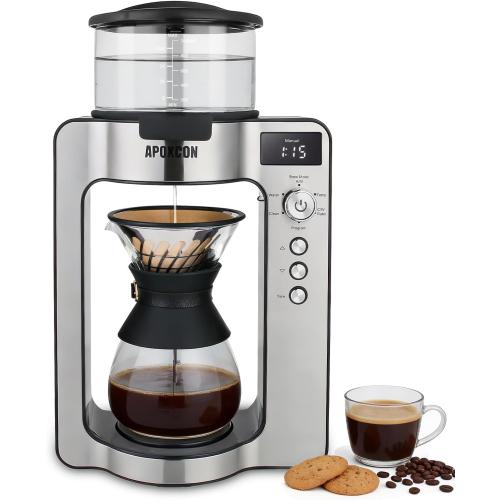 APOXCON Automatic Drip Coffee Maker for Coffee Enthusiasts -Pour Over Coffee Brewer with Programmable Timer, Hand Drip Simulation, Adjustable Strength, Built-in Scale, Glass Water Tank & Carafe