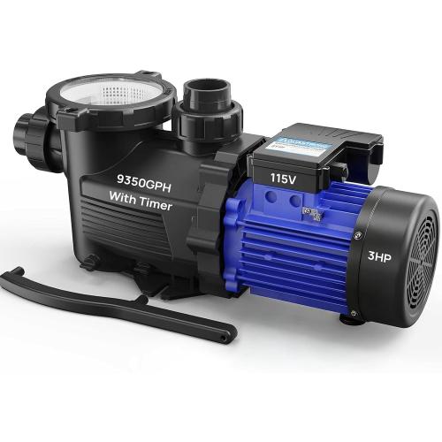 Aquastrong 3HP In/Above Ground Pool Pump with Timer, 115V, 9350GPH, High Flow, Powerful Self Primming Swimming Pool Pumps with Filter
