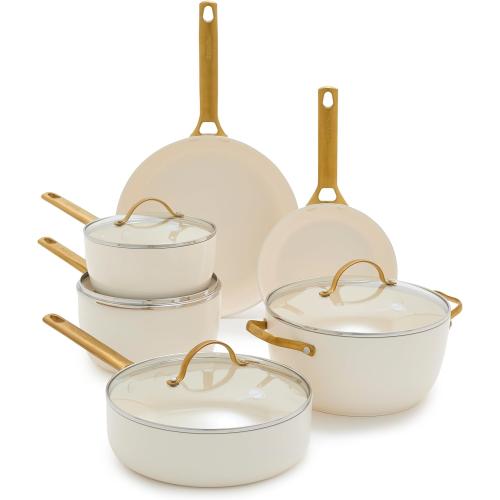 GreenPan Hard Anodized Healthy Ceramic Nonstick 10 Piece Cookware Pots and Pans Set, Gold-Tone Stainless Steel Handles, PFAS & PFOA-Free, Dishwasher Safe, Oven & Broiler Safe, Cream White‼️incomplete set ‼️