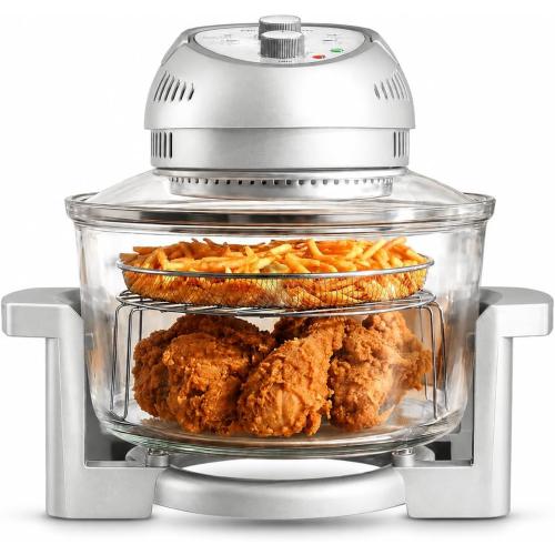 Granitestone 16Qt Large Glass Air Fryer Non Toxic – Family Sized Airfyrer Cooker with 3 Cooking Sections, Stainless Steel Racks, for French Fries, Chicken, No Preheat, Self Cleaning, Dishwasher Safe