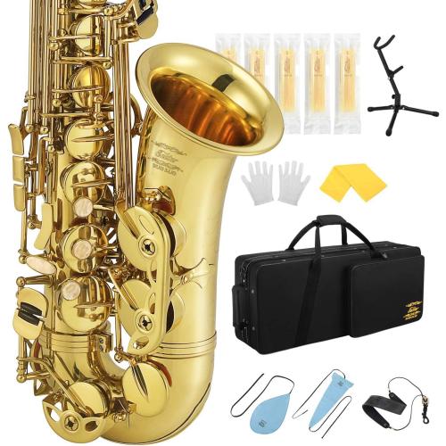 Eastar Professional Alto Saxophone Golden E Flat Eb with Cleaning Kit, Carrying Case, Mouthpiece, Neck Strap, Reeds, Stand, AS-Ⅲ