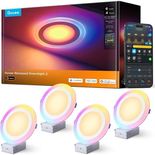 Govee Smart Recessed Lighting 6 Inch, LED Recessed Light 1100LM, 4 Pack | Work with Matter/Alexa/Google Assistant, RGBIC Dimmable Canless Downlight with Junction Box for Living Room, Bedroom, Kitchen
