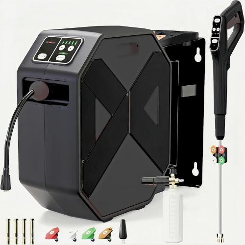 Electric Pressure Washer, Wall Mounted Power Washer, Remote Control with 100 FT Retractable Hose, Foam Cannon, Nozzles for Cars/Garage/Patio, Gray