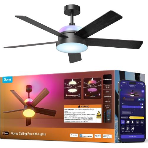 Govee Ceiling Fans with Lights and Remote, RGBIC Smart 52'' flush mount | Reversible DC Motor, Dimmable, 2800lm, Low Profile Ceiling Fan for Bedroom, Living Room, Black