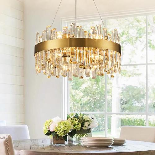 Siljoy 12-Light Modern Crystal Chandelier, Luxury Brushed Gold 2-Tiers K9 Crystal Raindrop Chandelier, Elegant Dimmable Crystal Chandelier Ceiling Light for Dining Living Room Kitchen D19.7''