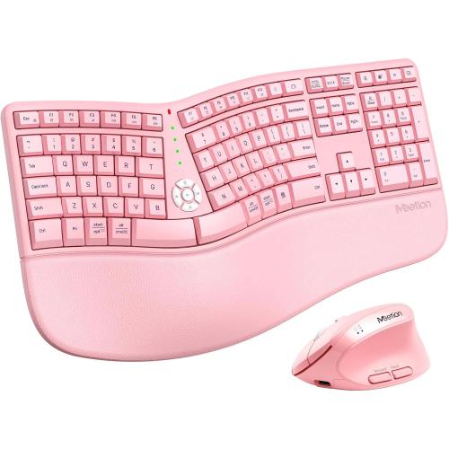 MEETION Ergonomic Keyboard and Mouse Combo, Split Wireless Design, Pink
