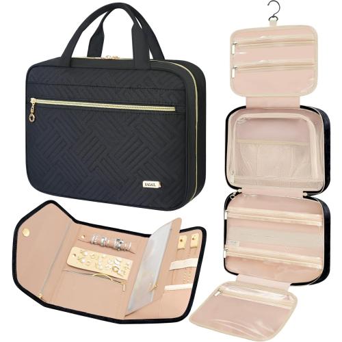 BAGAIL Hanging Toiletry Bag for Women Water-resistant Cosmetic Bag Large Capacity Travel Makeup Organizer for Full-Sized Travel Essentials(Classic Jewelry Bag, Black)