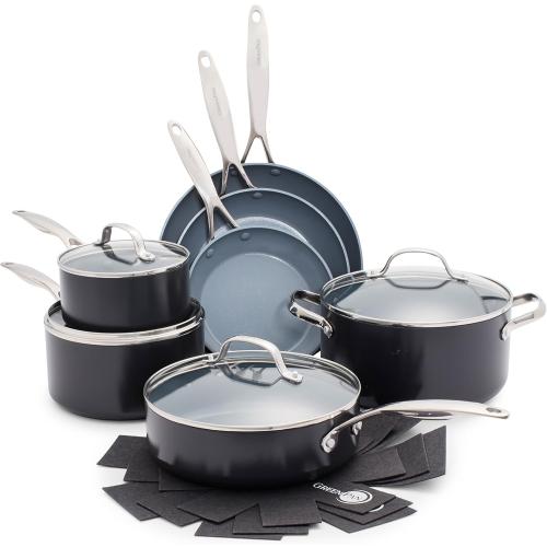 GreenPan Valencia Pro Ceramic Nonstick 11 Piece Cookware Set, Hard Anodized PFAS-Free Pots & Pans, Induction Ready, Compatible on All Cooktops, Dishwasher Safe, Oven Safe to 600F, Gray