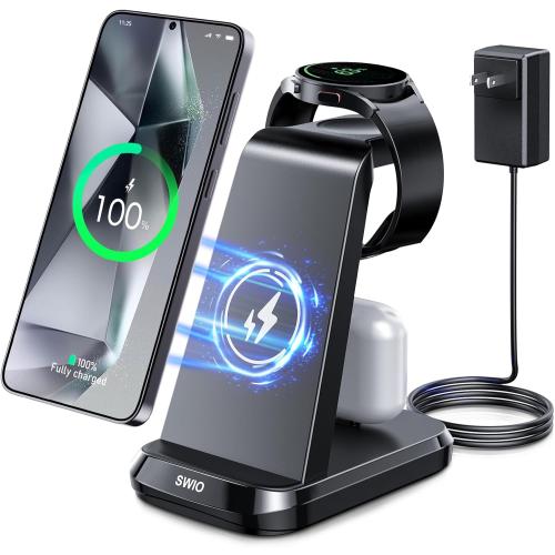 Wireless Charger for Samsung Phones Watch Earbuds(Not for Z Flip & A Serie-Phone),SWIO 3 in 1 Charging Station for Galaxy Watch 7/Ultra/6/5/4/3,S25 S24 S23 S22 S21 S20/Note 20 10/Z Fold 4 3,Buds/2/Pro