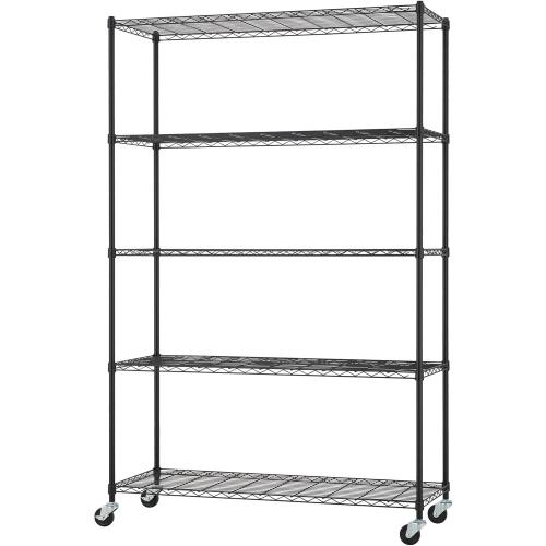 5-Tier Adjustable Wire Shelving with Wheels, Wire Shelf Rack for Kitchen Organization, Garage Storage, 400 to 2000 Pound Capacity, NSF Certified, 48” x 18” x 72”, Black