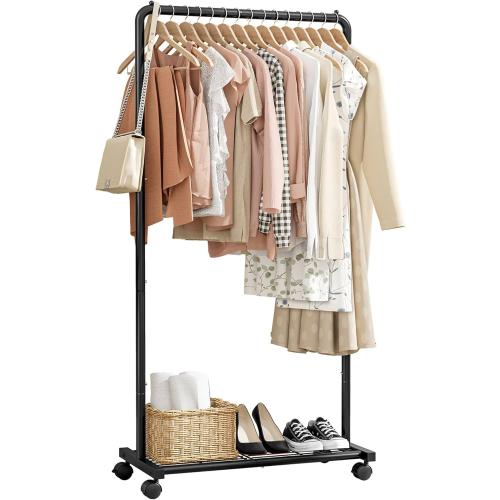 Sakugi Clothes Rack - Clothing Rack with Storage Mesh Shelf & Casters, Heavy-Duty Metal Clothing Rack for Hanging Clothes, Dresses, Coats, Large Load Capacity, Easy Assembly, Black, 28.0x16.9x59.0