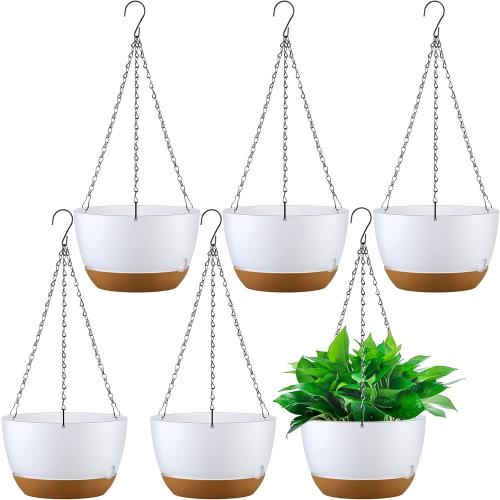 Remerry 6 Pcs 10 Inch Hanging Planter Hanging Plant Pot Plastic Round Hang Baskets for Plants Indoor Flower Pot with Drainage Holes Removable Trays for Garden Home Patio(White)