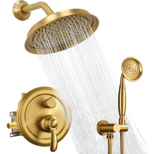 Brushed-Gold Vintage Shower-Faucet Sets, Antique Brass Shower System, Wall Mounted, 9 Rain Head and Handheld Spray, 2 Way Diverter Rough in Valve with Trim Kit