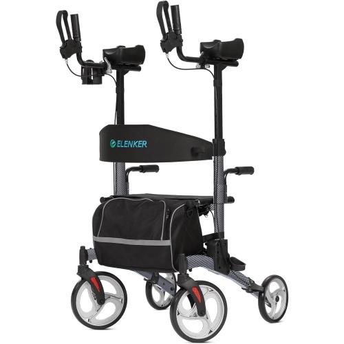 ELENKER Upright Walker, Stand Up Folding Rollator Walker with 10” Front Wheels Backrest Seat and Padded Armrest for Seniors(Carbon Fiber Black)