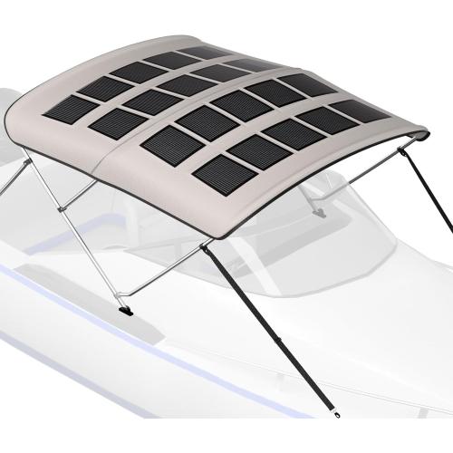 BougeRV 200W Solar Bimini Top for Boats 3-4 Bow 24V 600D Canopy | Marine solar panels bimini tops for boats,24V 25% efficient flexible panel with waterproof canopy and rear support poles