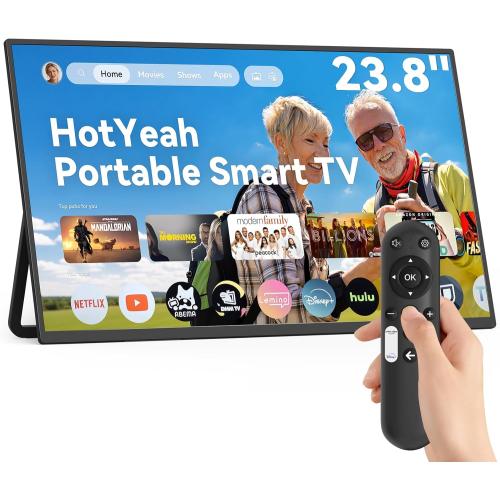 HotYeah Portable Smart TV, EDLA-Certified, 23.8 1080P 2-in-1 Rolling TV & Monitor, w/Built-in 10000mAh Battery, Support Voice Control, USB-C & HDMI, 180° Adjustable Kickstand