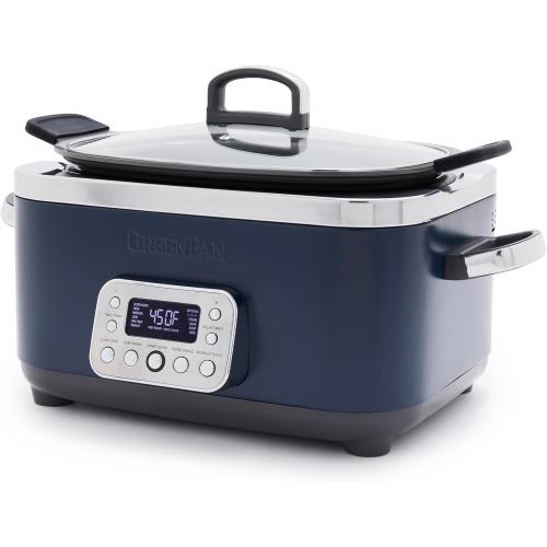GreenPan Elite 14-in-1 Nonstick 6QT Electric Slow Cooker, PFAS-Free Ceramic Multi-Cooker, In-Pot Browning, Dishwasher Safe Lid & Removable Crock, Stainless Steel Steamer, Silicone Handles, Oxford Blue