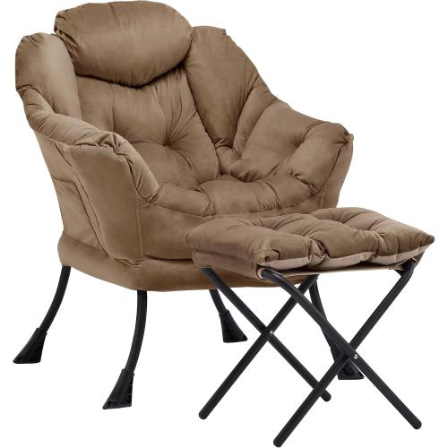 Lazy Chair with Ottoman, Comfy Reading Chair, Brown | Cushioned Seat with Foldable Ottoman and Side Pocket, Lounge Chair for Bedroom, Living Room, Dorm and Small Spaces