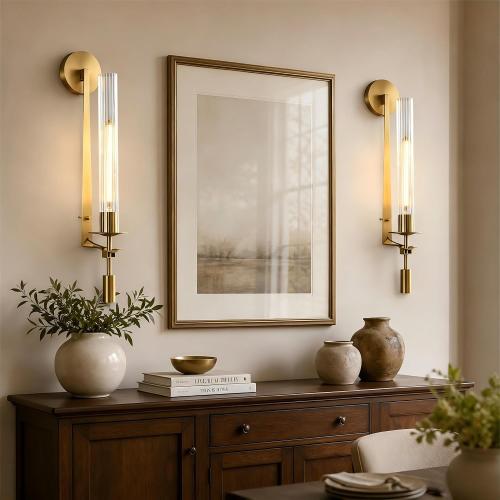 LIGHTLAND Gold Wall Sconces Set of 2, 28 Inch Modern Metal Glass Wall Light Fixture, Wall Lamp for Living Room Bedroom Hallway