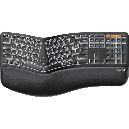 ProtoArc EK01 Plus Backlit Bluetooth Ergonomic Keyboard, Full Size, Black | Adjustable brightness, split design, cushioned wrist rest, connect 3 devices via Bluetooth/2.4G, 2000mAh USB-C rechargeable.