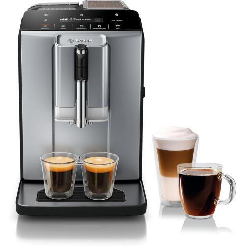 Bosch TIU20508 300 Series Fully Automatic Espresso Machine with Milk Express (in-cup frother), LCD   Touch Control Panel, Cup Warmer, OneTouch Milk-based Beverages and 5 Beverage Options, Dark Silver