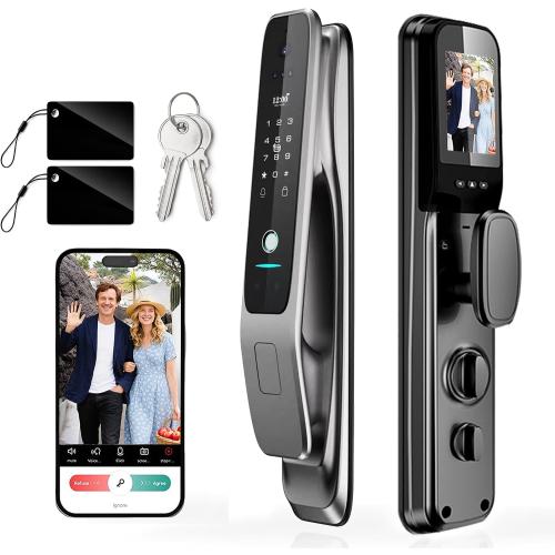 3D Face Recognition Smart Lock with Camera, Palm Vein Keyless Entry | 8-in-1 fingerprint front door lock with handle, video doorbell, 2-way talk, Tuya app, mortise lock, IP67 and loitering alarm.