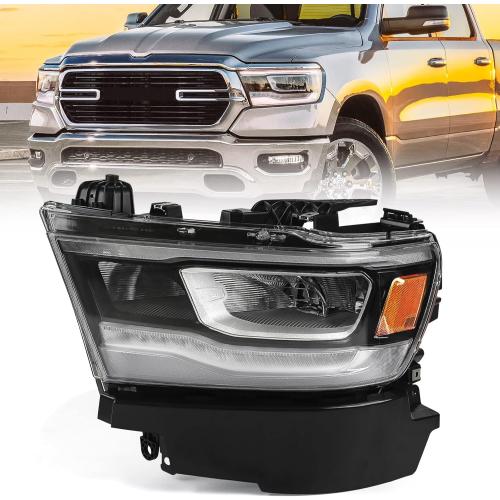 FIONE LED Headlight Assembly Compatible with Dodge Ram 1500 2019-2022 Replacement Headlamp with Silver Frame Driver Left Side LH 68533273AB CH2502332