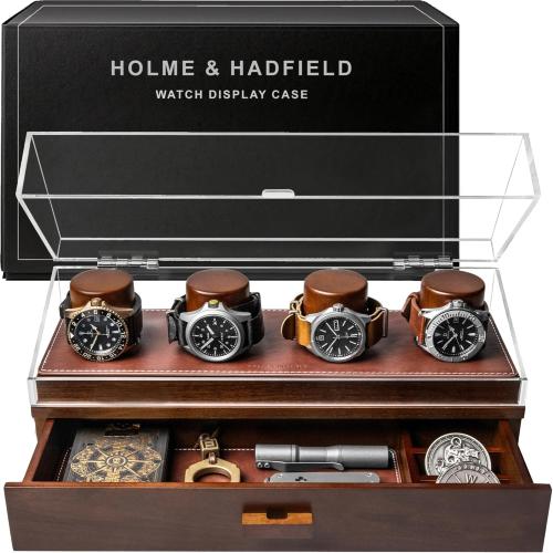 Color brown Holme & Hadfield Premium 4-Slot Wooden Watch Display Case – Handcrafted Men’s Watch Box with Accessory Drawer, Hinged Cover, Leather Lining – Christmas Gift for Collectors – Luxury Built to Last