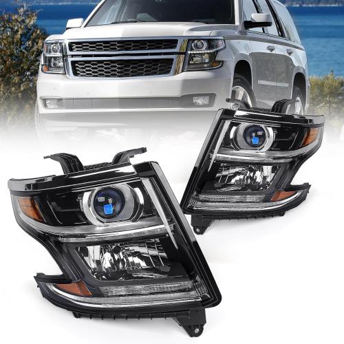 FIONE L&R Headlights Compatible with Chevy Tahoe/Suburban 2015-2020 LED DRL Halogen Headlamp Black Housing W/O Bulbs Headlamp Left Right Side