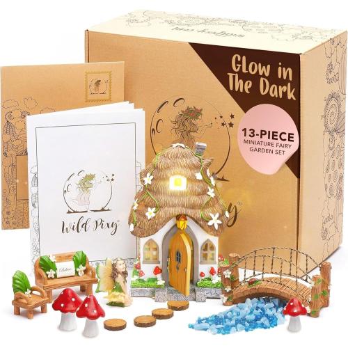 WILD PIXY Fairy Garden Kit - 13 Piece Glow in The Dark Accessories with 7.1 Outdoor Fairy House with Opening Door and Solar LED Light, Garden Door for Trees, Stones, Indoor/Outdoor Decor