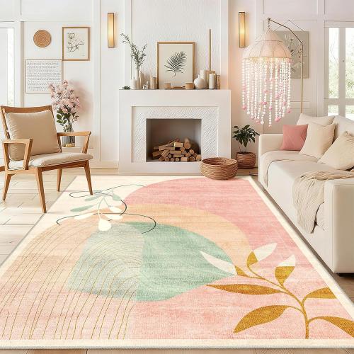 MUJOO Washable 8x10 Area Rugs Low Pile Non Slip Mid Century Modern Large | Machine Washable Big Throw Carpet for Living Room Dining Room Bedroom Indoor Boho Abstract Retro Geometric Accent Pink
