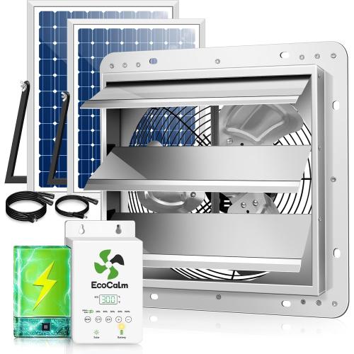14 Solar Exhaust Fan for Greenhouse with Battery and Adjustable Thermostat, Attic Fans for Garage and Shed with 2PCS 30W Bifacial Solar Panels
