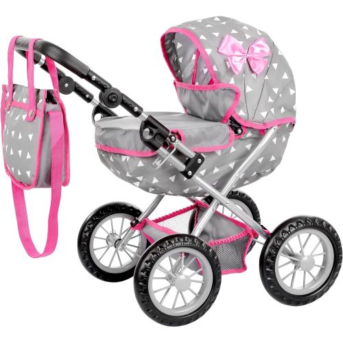 Adjustable Baby Doll Stroller Toy with Foldable Hood | Lightweight Design for Dolls Up to 18 inches | Quiet Foam Wheels, Machine-Washable Bassinet Pram, Indoor and Outdoor Play, Model KP0262S
