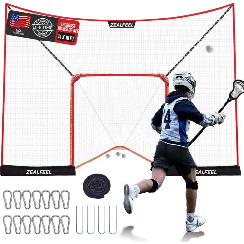 ZEALFEEL Lacrosse Backstop Net 14x10FT, Extra-Large Shooting Coverage | 4-Strand Tear-Resistant Netting, 14mm Foam-Wrapped Fiberglass Poles, Sandbag & Stakes (Lacrosse Goal NOT INCLUDED)