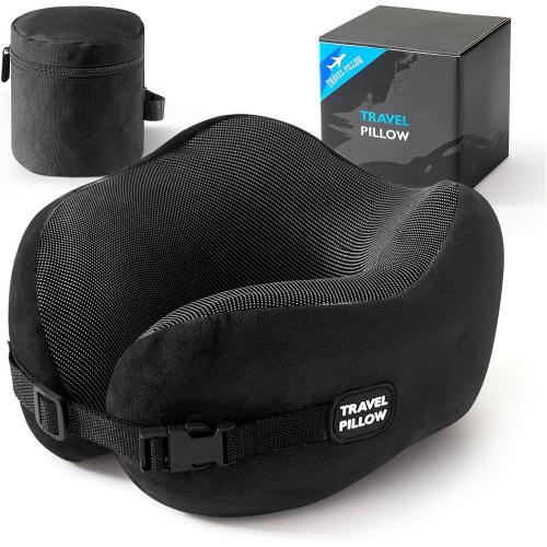 Travel Neck Pillow Memory Foam Adjustable Clasp for Airplane | Ergonomic Support, Removable Washable Cover, Portable Travel Bag. Ideal for Car, Office & Long Flights. Black