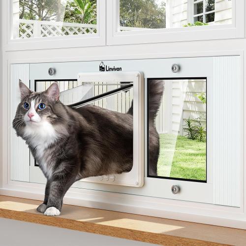 Cat Door for Window, Quick Installation Adjustable Width of 31-36, Cat Window Door with 4 Locking Modes, Magnetic Closure Design, Weatherproof Aluminum Frame Cat Door Window Insert