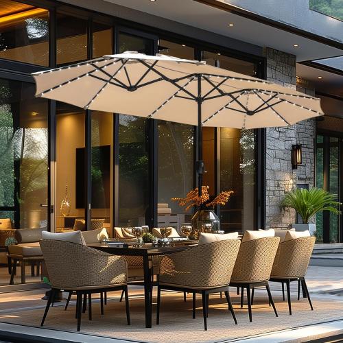 GREEN PARTY 13ft Patio Umbrella with Led Lights, Rectangle Outdoor Umbrella | 12-Mode Solar Lights, Double-Sided Rectangular table Umbrella, Large Shade for Backyard Deck Poolside, Beige(No Base)