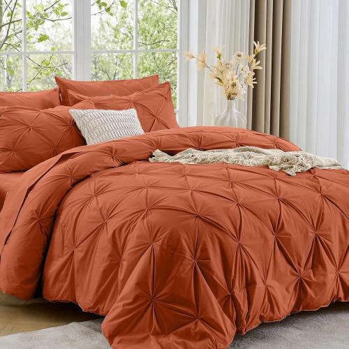 Sasttie King Size Comforter Set, 7-Piece Bed in a Bag, Pintuck Bedding Set for All Season, Includes Comforter, Flat Sheet, Fitted Sheet, Pillowcases and Pillowshams, Burnt Orange