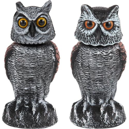 Hedoc 2 Pack Fake Owl Decoys to Scare Birds Away, Rotating Head Bird Deterrents, Nature Enemy Scarecrow Plastic Statues, Pest Repellent for Gardens and Patios