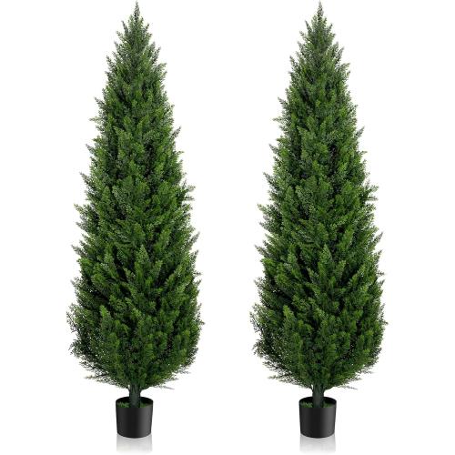 AOKIIE 6FT Artificial Cedar Topiary Trees Set of 2，72 Inch Tall UV Protection Fake Cypress Trees for Outdoors, Realistic Potted Pine Plants for Patio, Porch, Home, Doorway Decor