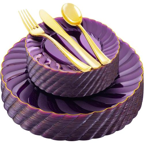 YOUBET 125PCS Clear Purple Plastic Plates with Gold Rim for Wedding