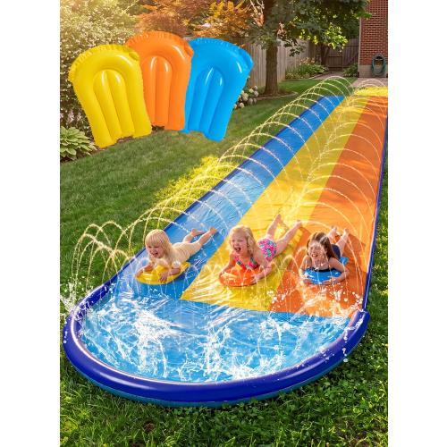 Sloosh Triple Water Slide with 3 BodyBoards, 18FT Lawn Slip Water Splash Slide Summer Toy Splash Pad with Build in Advanced Sprinkler for Kids Adults Backyard Summer Water Fun